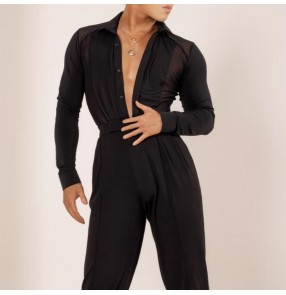 Black with mesh patchwork latin ballroom dance shirts modern waltz tango flamenco dance body tops for man